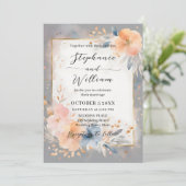 Dusty Blue Peach Watercolor Floral Gold Wedding Einladung (Stehend Vorderseite)