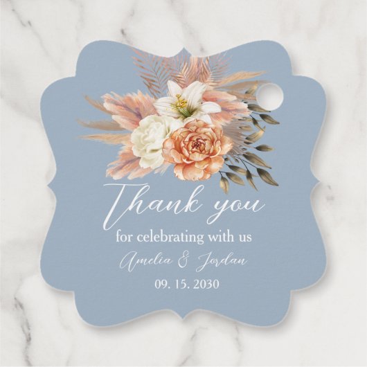 Dusty Blue Peach Wedding Vielen Dank Geschenkanhänger (Rückseite)