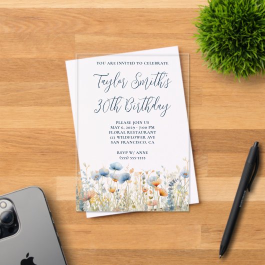 Dusty Blue Peach Wildblumen 30. Geburtstag Acryleinladungen (Insitu (Einladungskarte))