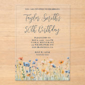 Dusty Blue Peach Wildblumen 50. Geburtstag Acryleinladungen (Vorderseite)