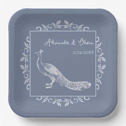 Dusty Blue Peacock Blüh Polterabend Pappteller (Vorderseite)