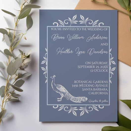 Dusty Blue Peacock Blühe Einladung zur Hochzeit