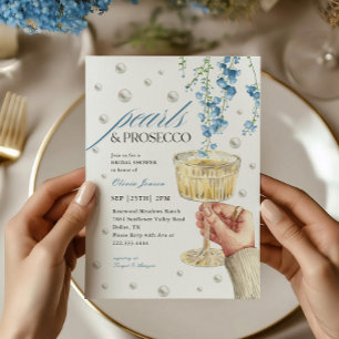 Dusty Blue Pearls & Prosecco Brunch Brautparty Einladung