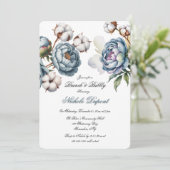 Dusty Blue Peony and Cotton Brunch & Bubbly Einladung (Stehend Vorderseite)