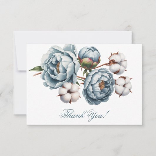 Dusty Blue Peony and Cotton Wedding Dankeskarte (Vorderseite)