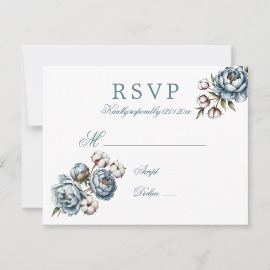 Dusty Blue Peony and Cotton Wedding RSVP Karte (Vorderseite)
