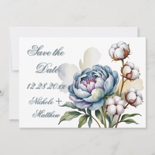 Dusty Blue Peony and Cotton Wedding Save The Date (Vorderseite)
