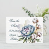 Dusty Blue Peony and Cotton Wedding Save The Date (Stehend Vorderseite)