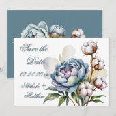 Dusty Blue Peony and Cotton Wedding Save The Date (Vorne/Hinten)