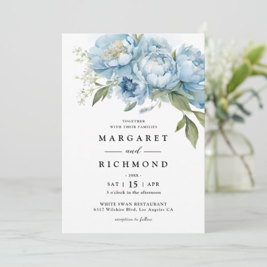 Dusty Blue Peony Einladung (Stehend Vorderseite)