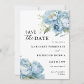 Dusty Blue Peony Elegant Wedding Save the Date Einladung (Vorderseite)