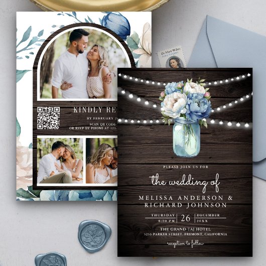 Dusty Blue Peony Mason Jar QR Code Wood Wedding Einladung