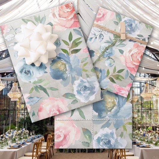 Dusty Blue Peony & Pink Roses Garden Geschenkpapier Set
