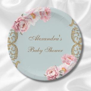 Dusty Blue Peony Rokoko Pink Floral Baby Dusche Pappteller