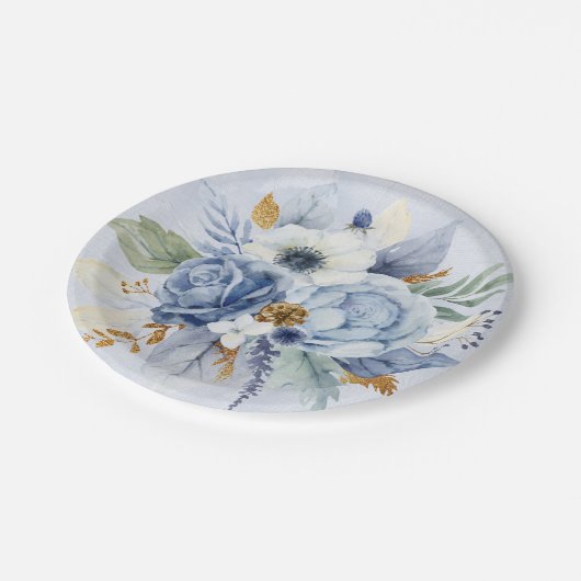 Dusty Blue Peony Rose Botanical Floral Wedding Pappteller (Schrägansicht)