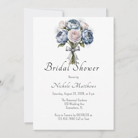 Dusty Blue Peony Rose & Glitzer Brautparty Einladung (Vorderseite)