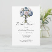 Dusty Blue Peony Rose & Glitzer Brautparty Einladung (Stehend Vorderseite)