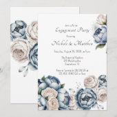 Dusty Blue Peony Rose & Glitzer Engagement Party Einladung (Vorne/Hinten)