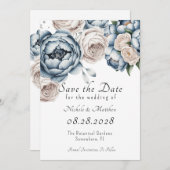 Dusty Blue Peony Rose & Glitzer Save the Date Einladung (Vorne/Hinten)