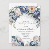 Dusty Blue Peony Rose & Glitzer Wedding Einladung (Vorne/Hinten)