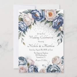 Dusty Blue Peony Rose & Glitzer Wedding Einladung