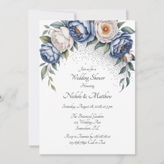 Dusty Blue Peony Rose und Glitzer Polterabend Einladung (Vorderseite)