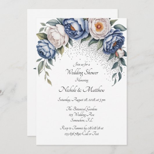 Dusty Blue Peony Rose und Glitzer Polterabend Einladung (Vorne/Hinten)