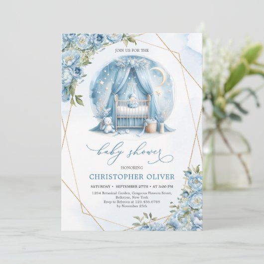 Dusty-Blue-Peonys-Baby-Crib-Goldrahmen Einladung (Stehend Vorderseite)