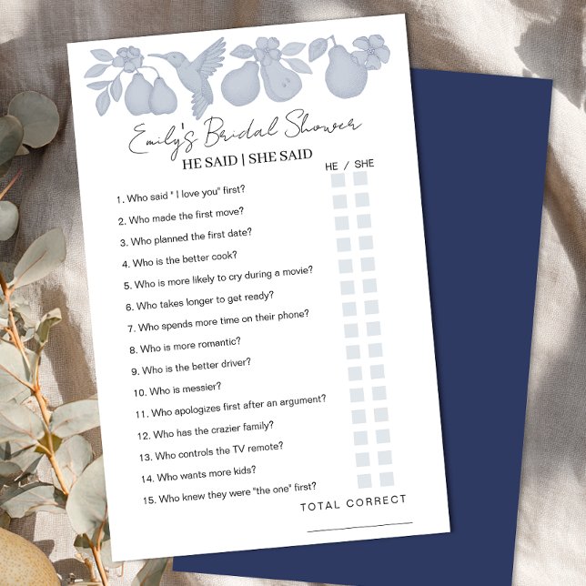 Dusty Blue Perfect Pear Brautparty sagte er (He said / She said game sheet)