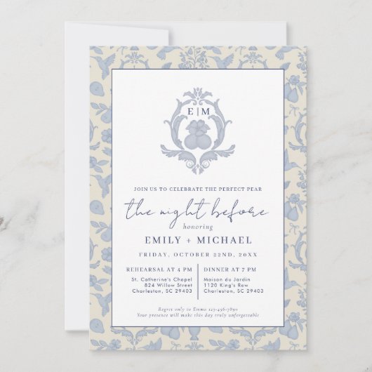 Dusty Blue Perfect Pear Night Before Dinner Einlad Einladung (Vorderseite)