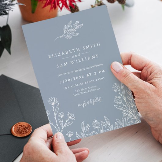 Dusty Blue Periwinkle Floral Elegante Hochzeit Einladung