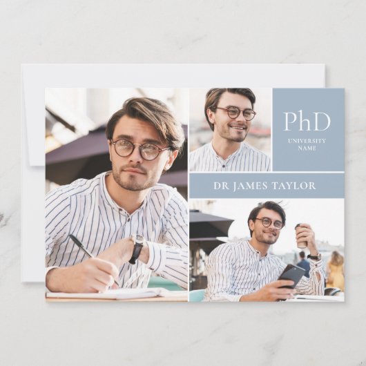 Dusty Blue PhD Grad 3 Foto Graduation Party Einladung (Vorderseite)