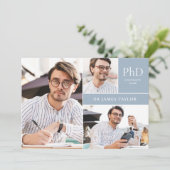 Dusty Blue PhD Grad 3 Foto Graduation Party Einladung (Stehend Vorderseite)