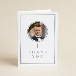 Dusty Blue Photo Boy First Communion Dankeskarte