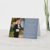 Dusty Blue Photo Boy First Communion Folded Dankeskarte (Vorderseite)