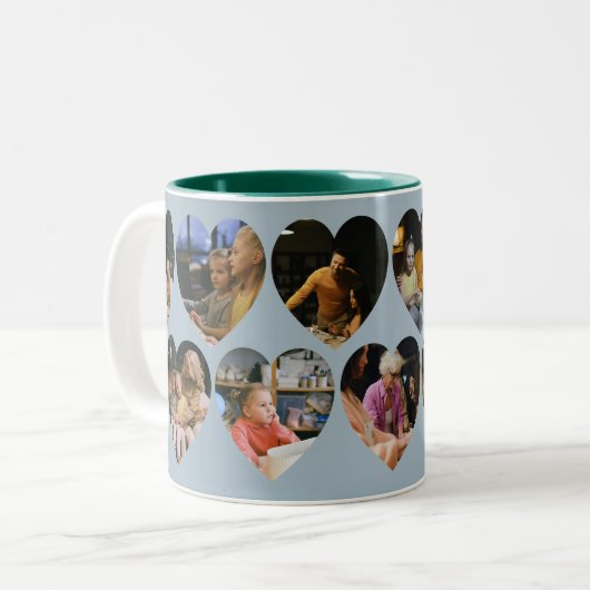 Dusty Blue Photo Collage Mug with Heart Frames Zweifarbige Tasse (Vorderseite Links)