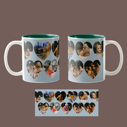 Dusty Blue Photo Collage Mug with Heart Frames Zweifarbige Tasse