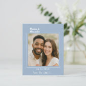 Dusty blue photo wedding Save the Date card (Stehend Vorderseite)