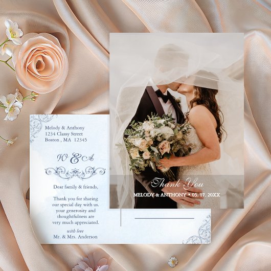 Dusty Blue Photo Wedding Thank You Postkarte