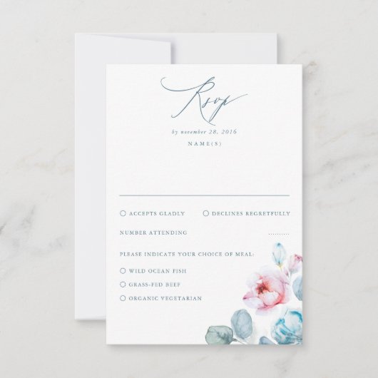 Dusty Blue Pink Blume Elegante Dreamy Wedding RSVP Karte (Vorderseite)