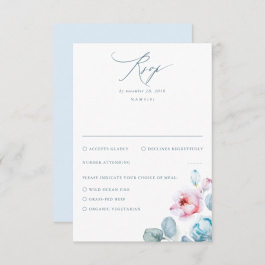 Dusty Blue Pink Blume Elegante Dreamy Wedding RSVP Karte (Vorne/Hinten)
