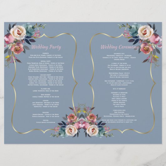 Dusty Blue Pink Blume Gold Wedding Program (Rückseite)