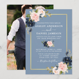 Dusty Blue Pink Blush Floral Gold Foto Hochzeit Einladung