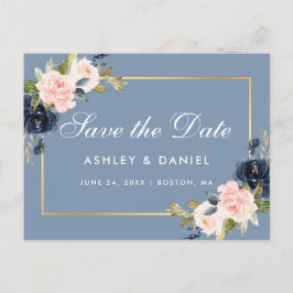 Dusty Blue Pink Blush Floral Gold Save the Date Ankündigungspostkarte