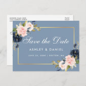 Dusty Blue Pink Blush Floral Gold Save the Date Ankündigungspostkarte (Vorne/Hinten)