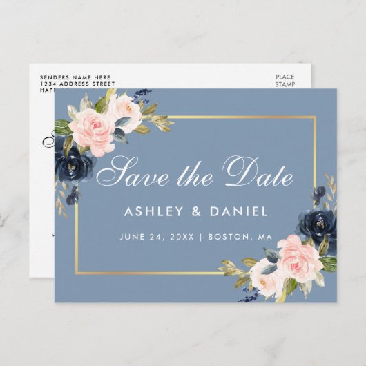 Dusty Blue Pink Blush Floral Gold Save the Date Ankündigungspostkarte (Vorne/Hinten)