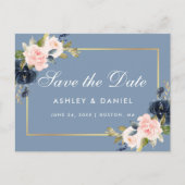 Dusty Blue Pink Blush Floral Gold Save the Date Ankündigungspostkarte (Vorderseite)