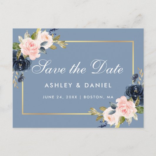 Dusty Blue Pink Blush Floral Gold Save the Date Ankündigungspostkarte (Vorderseite)