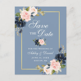 Dusty Blue Pink Blush Floral Gold Save the Date Ankündigungspostkarte
