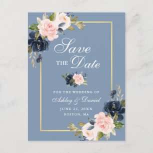 Dusty Blue Pink Blush Floral Gold Save the Date Ankündigungspostkarte